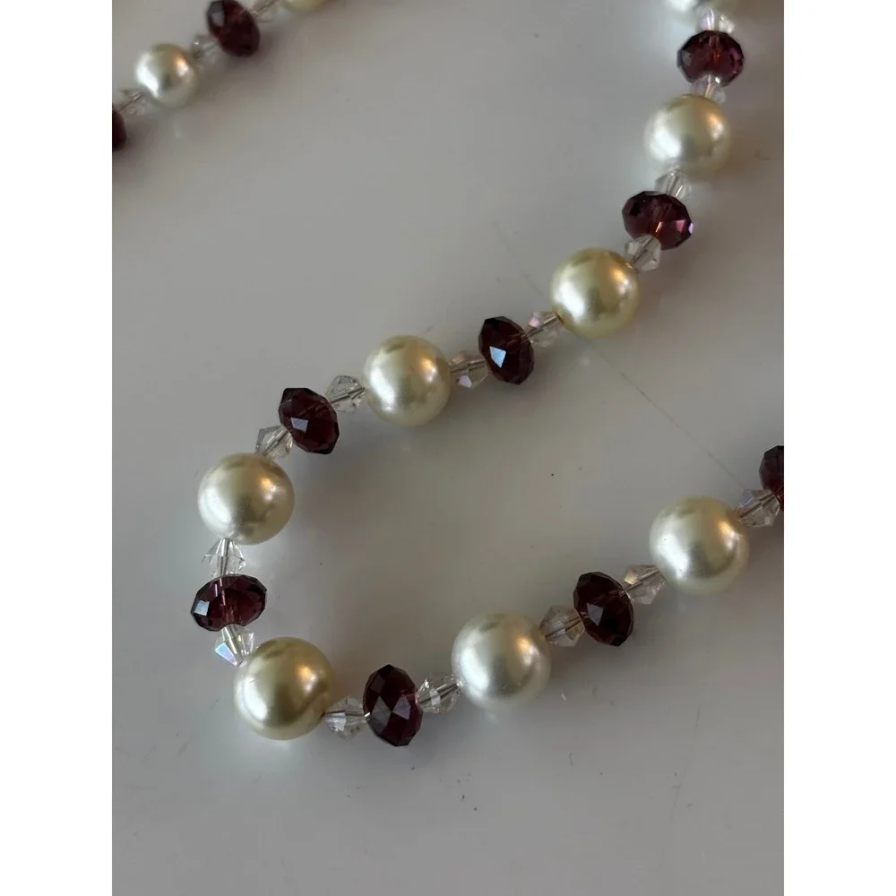 Y2K Vintage Beaded Necklace Womens Cream Purple Pearl Crystal‎ Style Classic